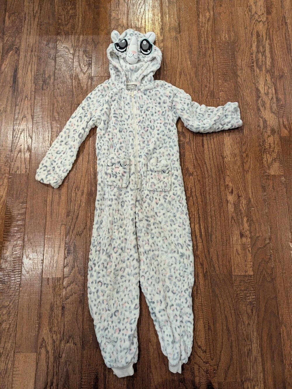 Funzietime Kitten Pajamas Fleece Onesie. Leopard Baby Pink White Kids Sz 7/8